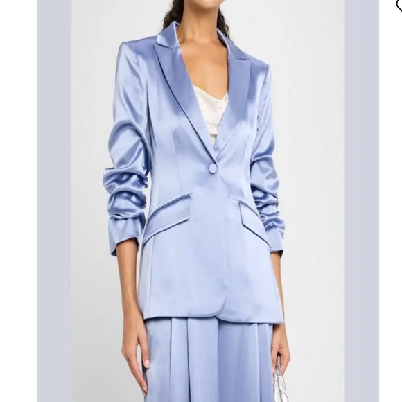 CINQ À SEPT Cheyenne Smooth Satin Scrunched-Sleeve Blazer in Rustic Blue Size 0 - Picture 4 of 11